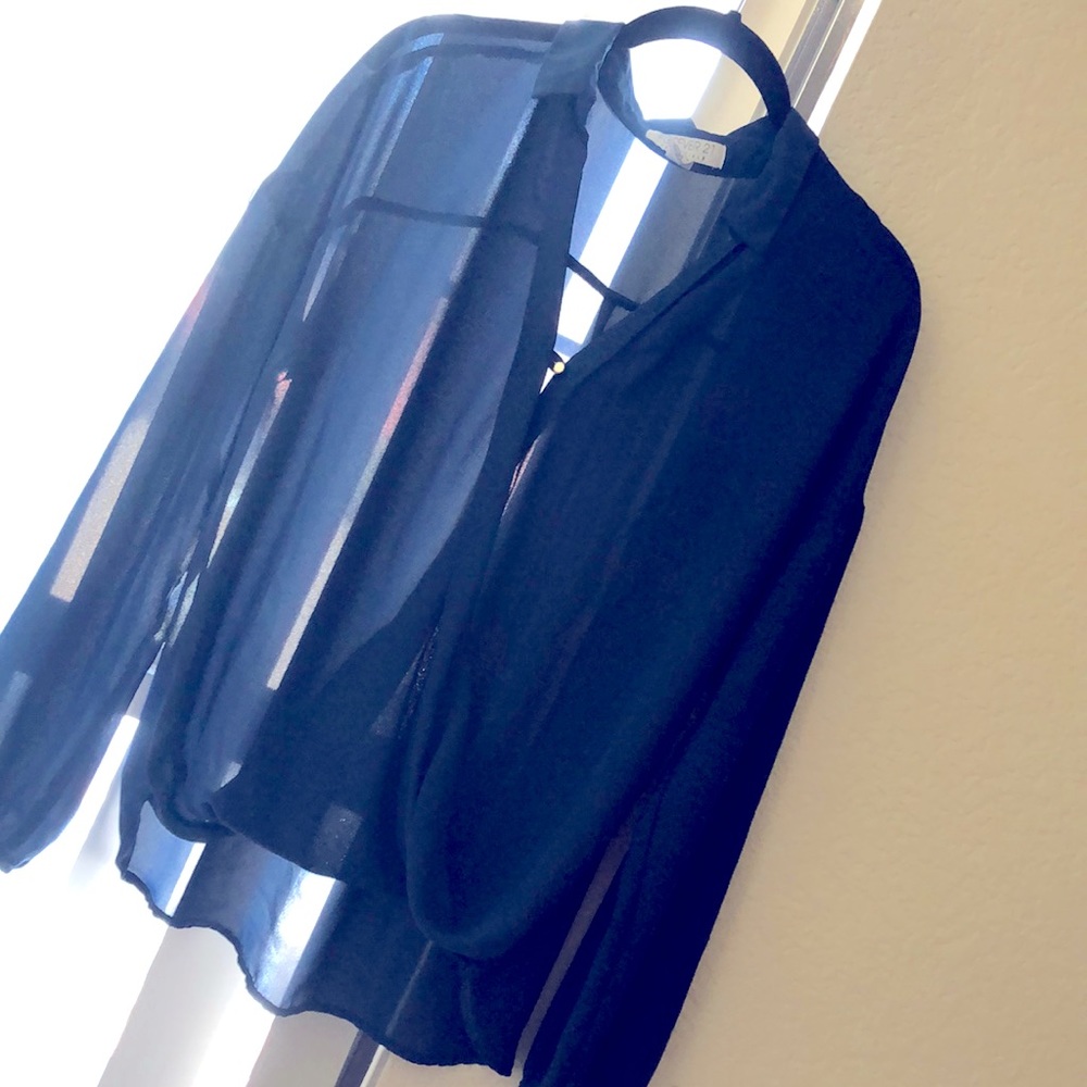 Sheer transparent navy blue blouse. Bubble sleeve